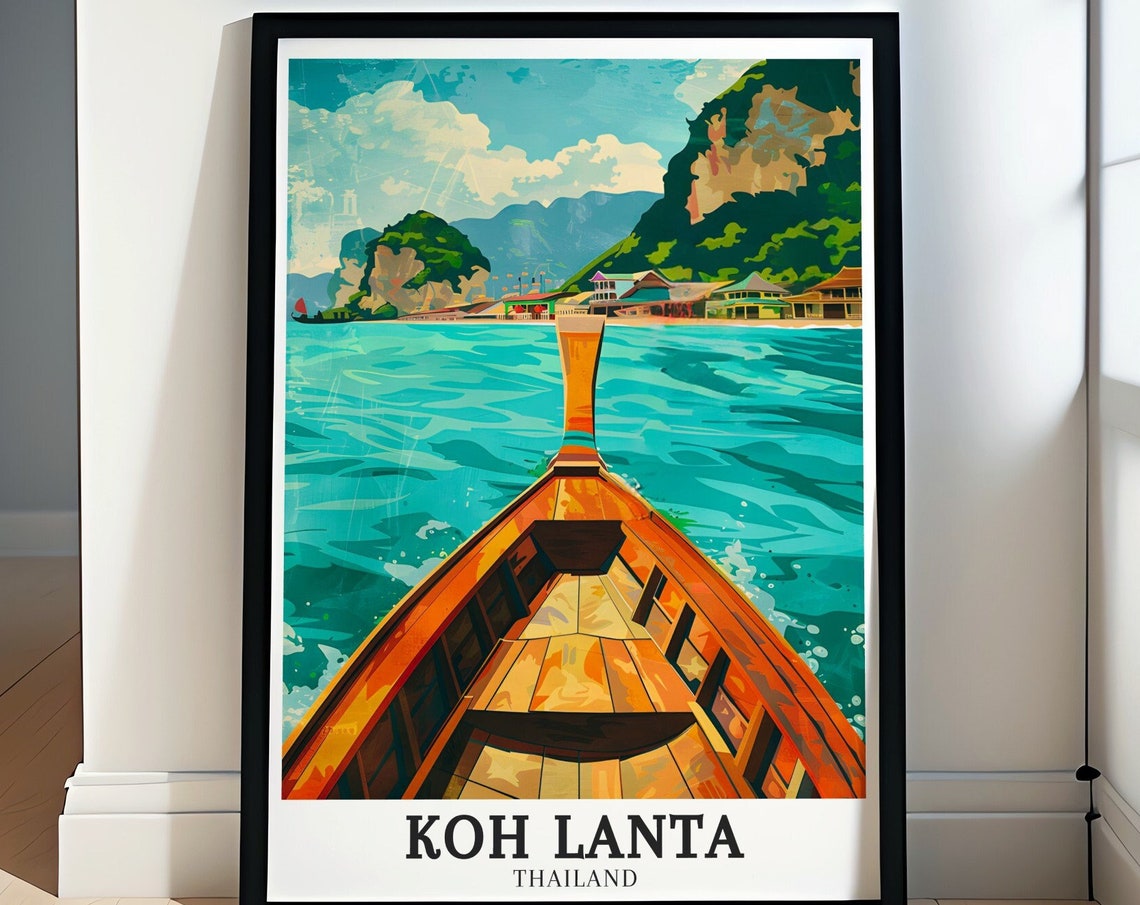 Koh Lanta Thailand Longtail Boat Turquoise Sea Cliffs Poster