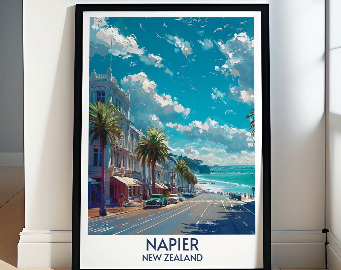 Napier New Zealand Art Deco Waterfront Vintage Travel Poster