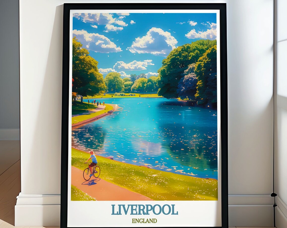 Liverpool England Sefton Park Lake Cyclist Summer Travel Poster