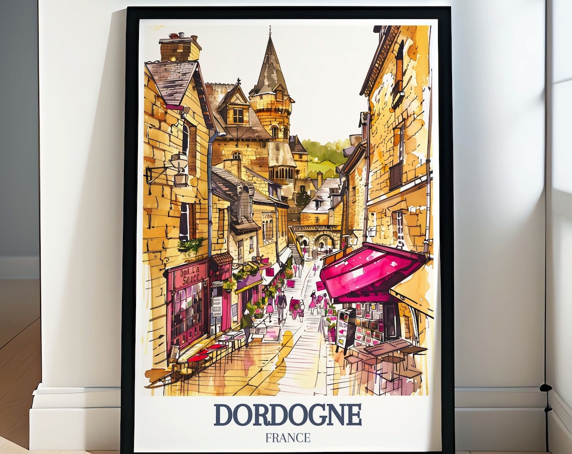 Dordogne France Medieval Old Town Street Watercolor Travel Poster