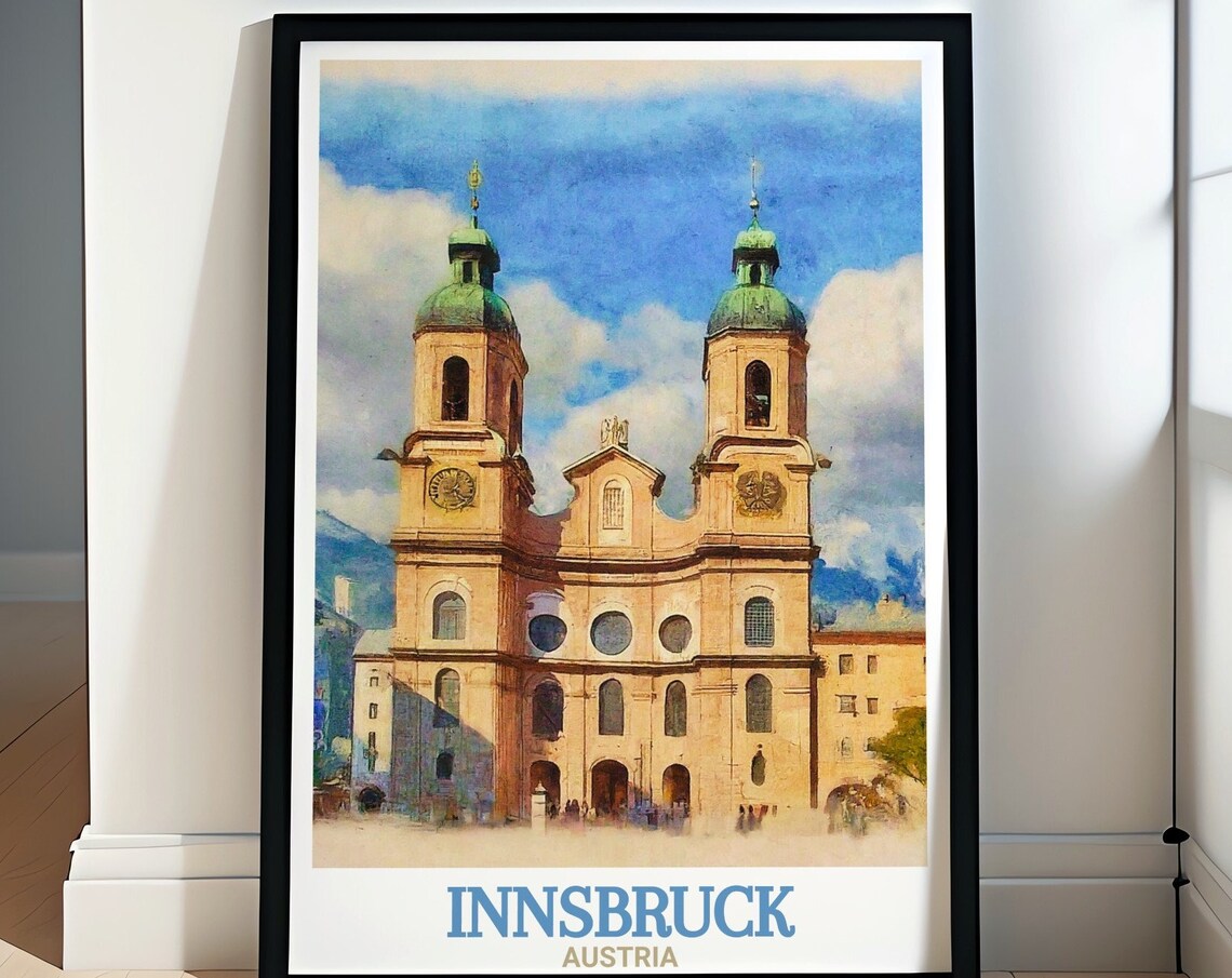 Innsbruck Austria Cathedral Twin Domes Watercolor Alpine Poster