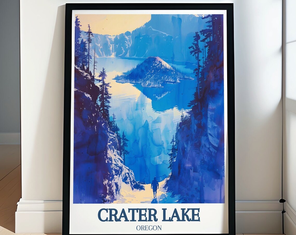 Crater Lake Oregon Wizard Island Deep Blue Water Travel Poster