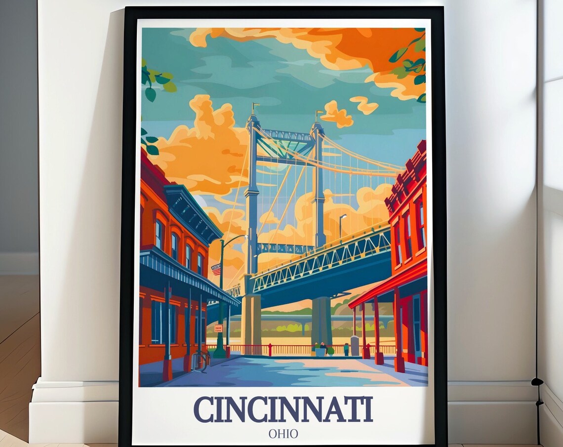 Cincinnati Ohio Roebling Suspension Bridge Brick Street Travel Poster