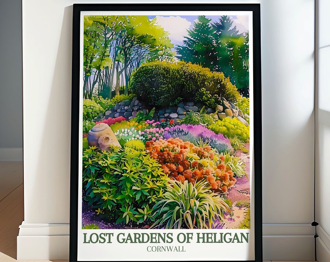 Lost Gardens of Heligan Cornwall Flower Beds Watercolor Travel Poster