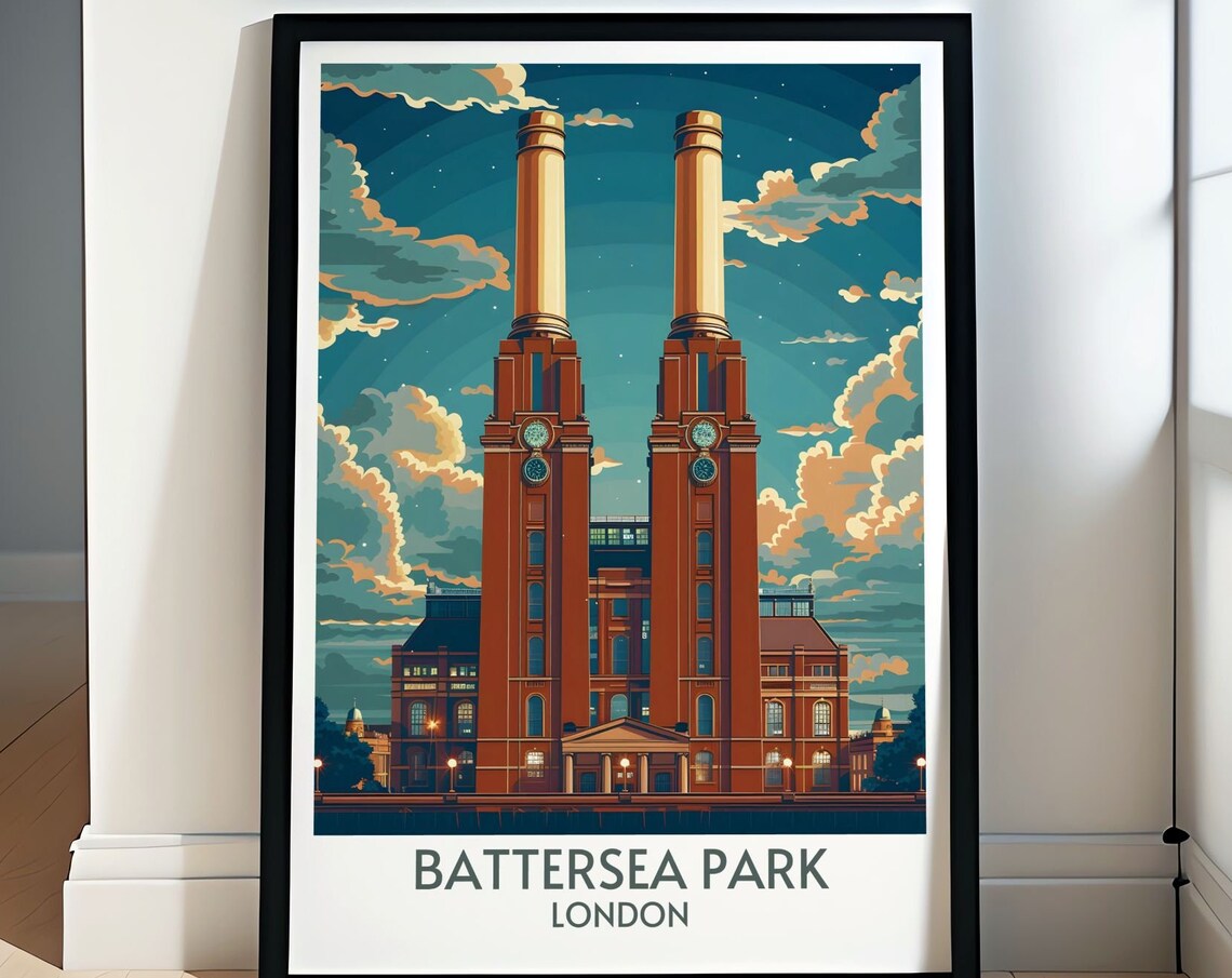 Battersea Power Station Twin Chimneys London Night Travel Poster