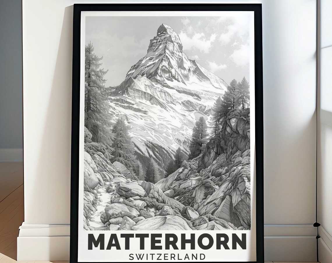 Matterhorn Switzerland Black and White Mountain Sketch Poster