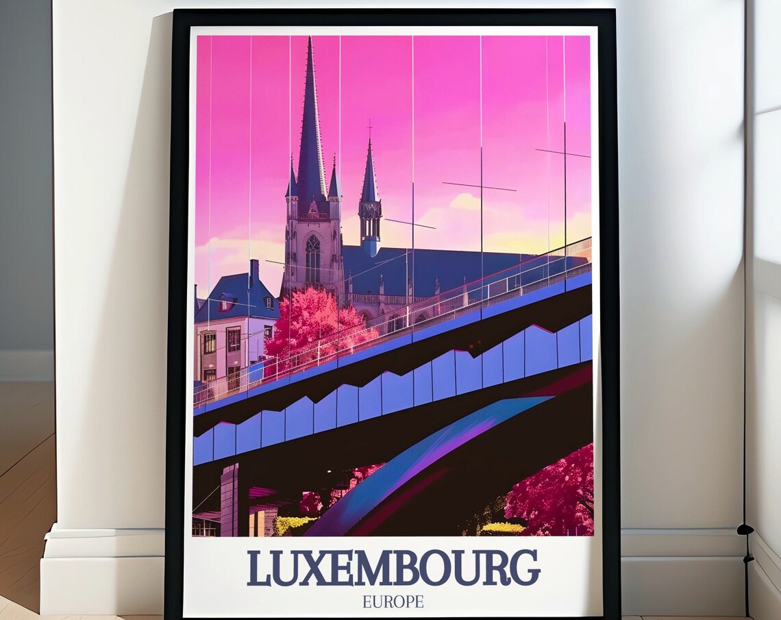 Luxembourg Europe Notre Dame Cathedral Pink Dusk Bridge Travel Poster