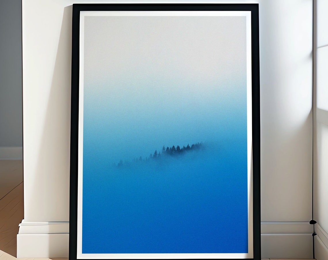 Misty Pine Treetops Emerging From Blue Fog Minimalist Nature Print