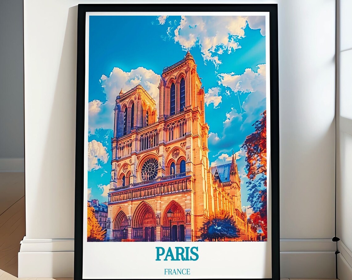 Notre Dame Cathedral Paris Golden Sunset Gothic Landmark Travel Poster