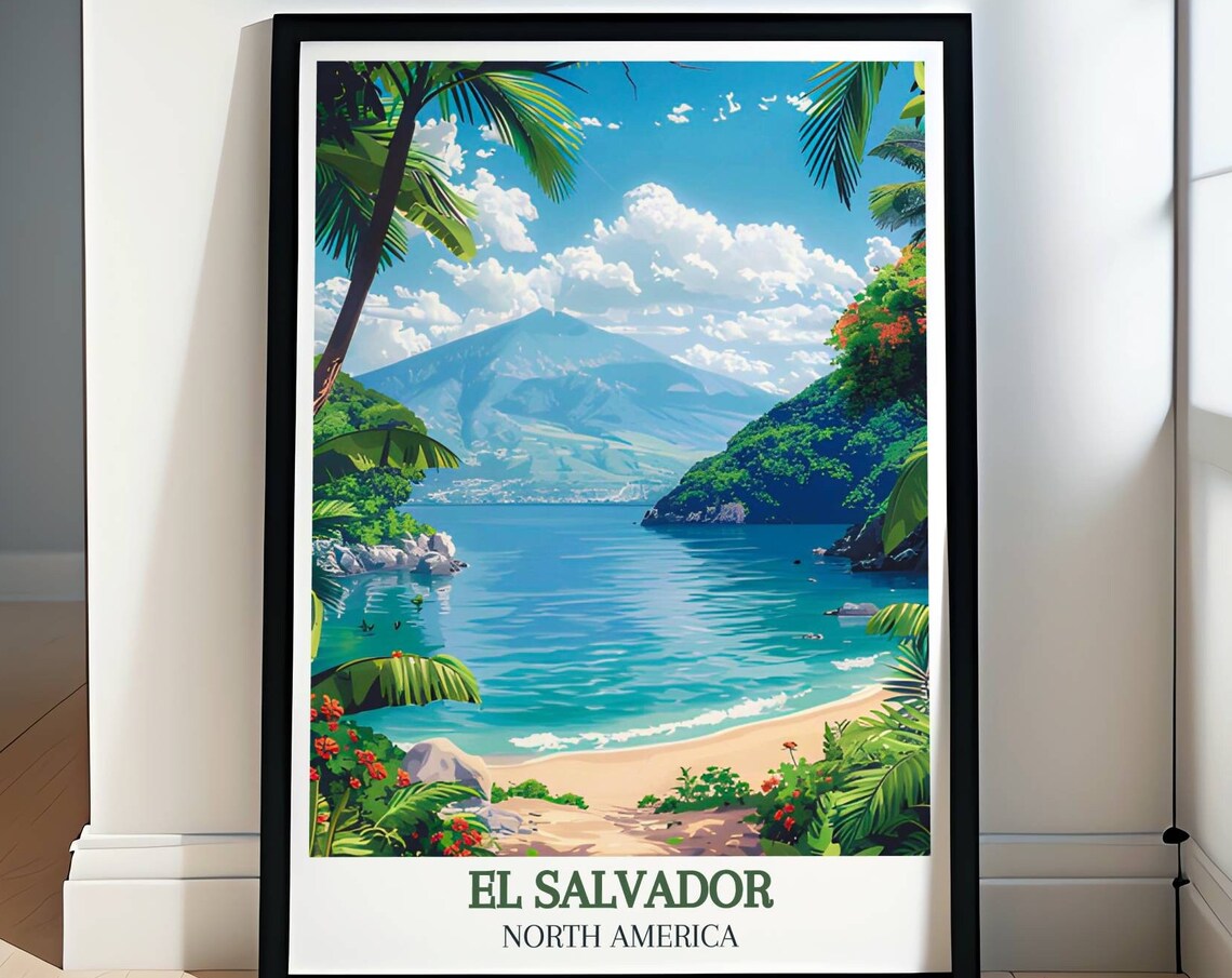 El Salvador Tropical Beach Cove Beneath a Volcano View Poster