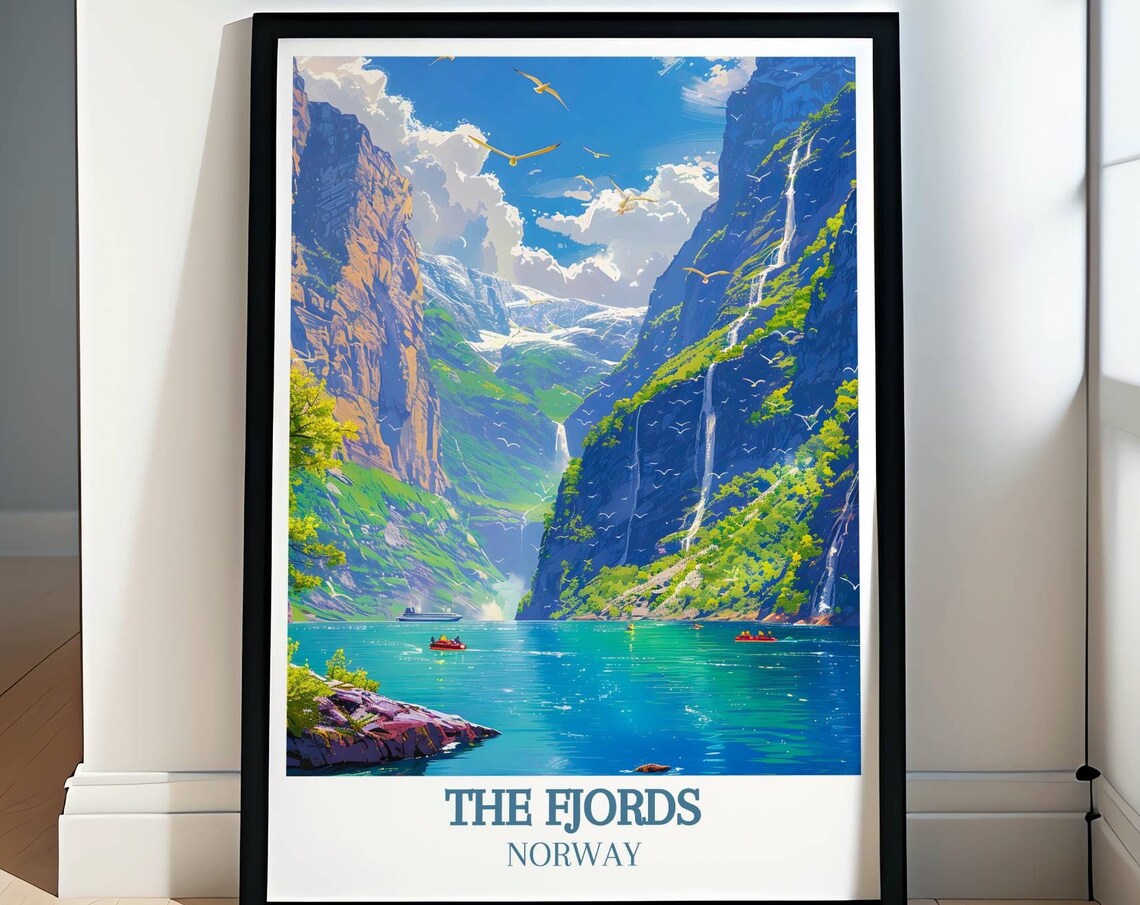 The Fjords Norway Travel Poster Waterfalls Kayaks and Cliffs View