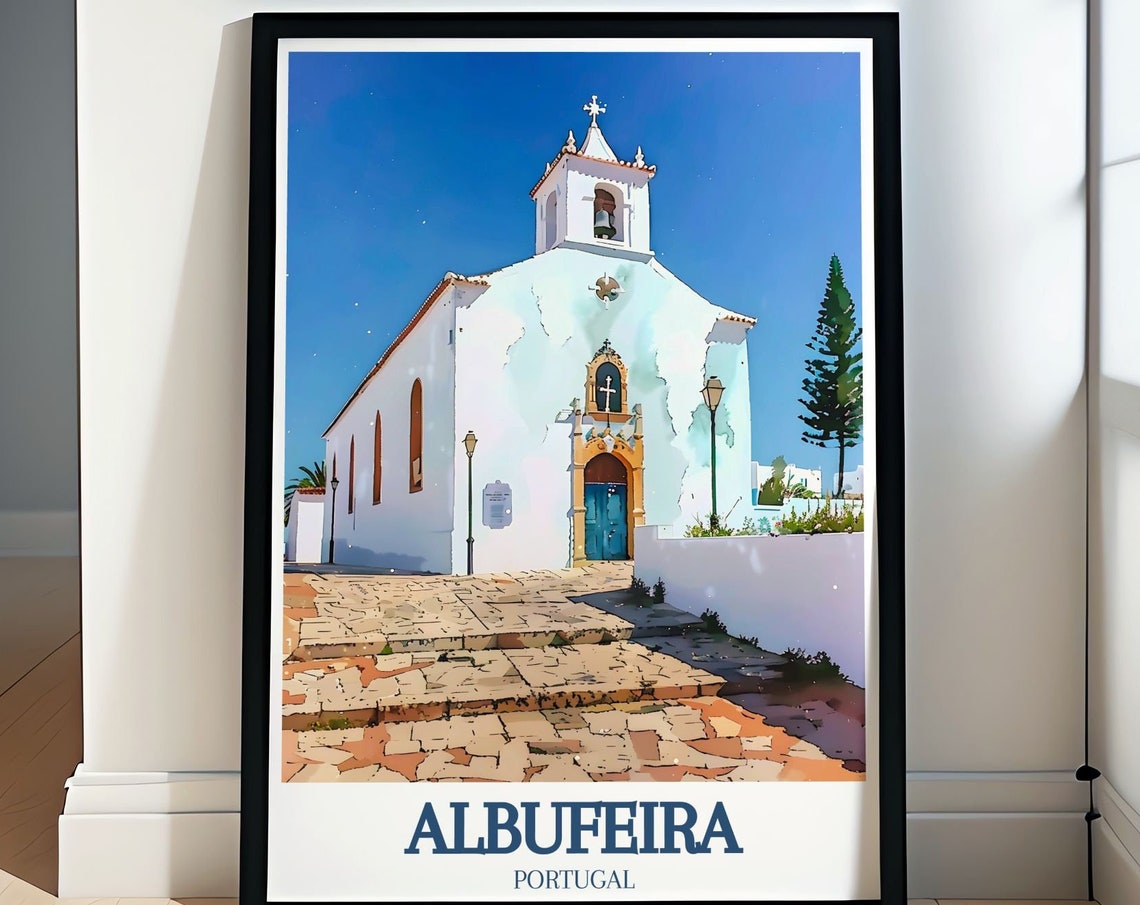 Albufeira Travel Poster St Anna Church Print Portugal Art Decor Albufeira Art Print Old Street Decor Portugal Wall Art