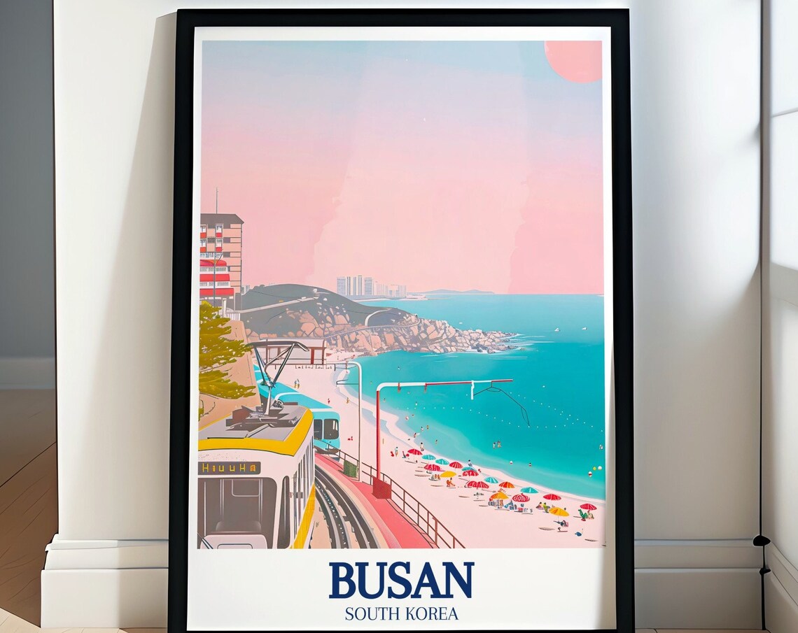 Busan South Korea Coastal Beach Train Umbrellas Scenic Poster