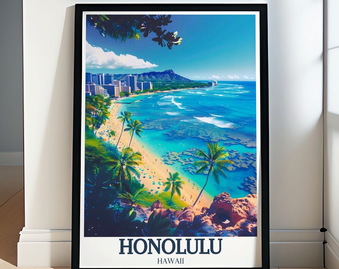 Honolulu Hawaii Waikiki Beach and Diamond Head Ocean View Poster