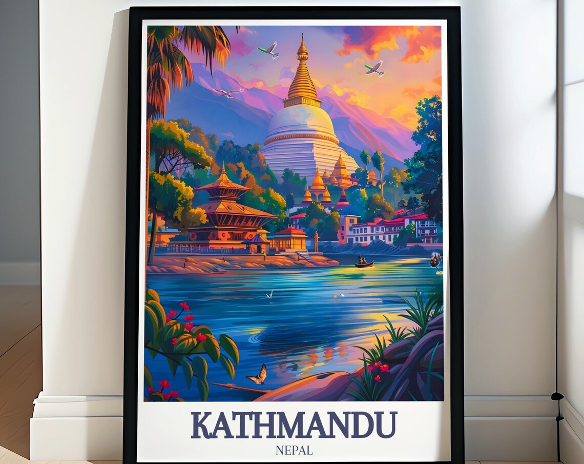 Kathmandu Nepal Stupa River Sunset Vibrant Illustrative Art Poster