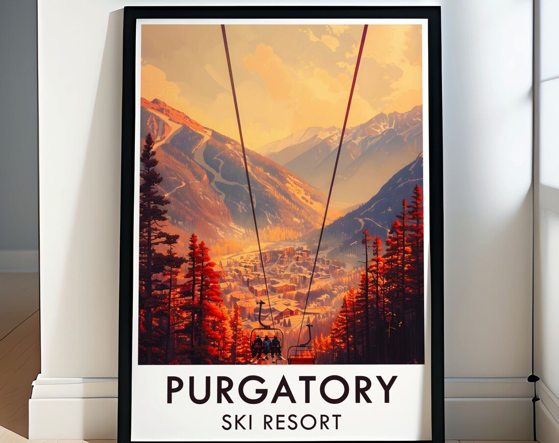 Purgatory Ski Resort Chairlift Over the Valley at Sunset Travel Poster