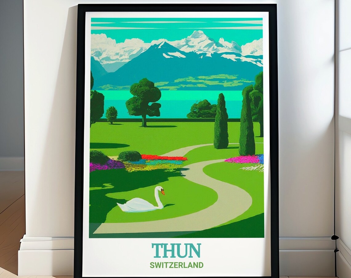 Thun Schadau Park Swan on Green Lakeside Gardens View Poster