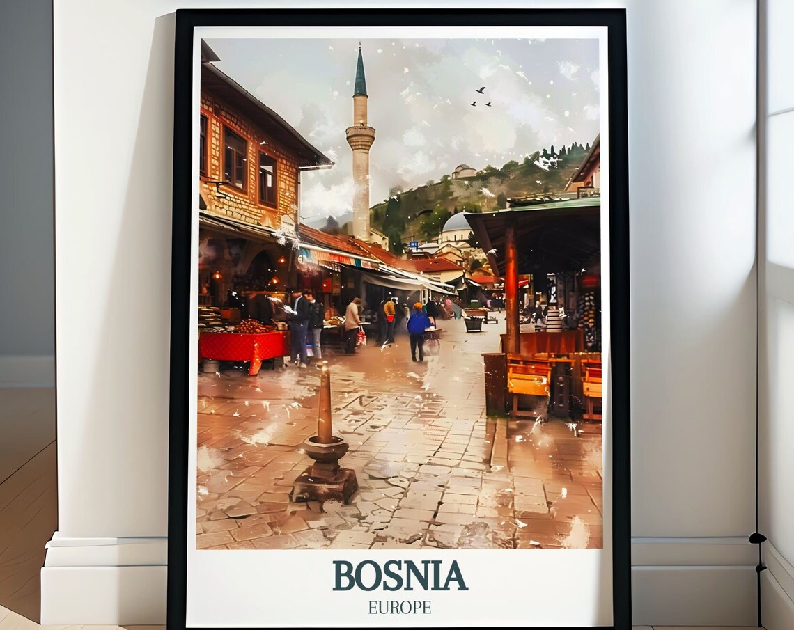 Sarajevo Bascarsija Old Bazaar Street and Mosque Minaret Travel Poster