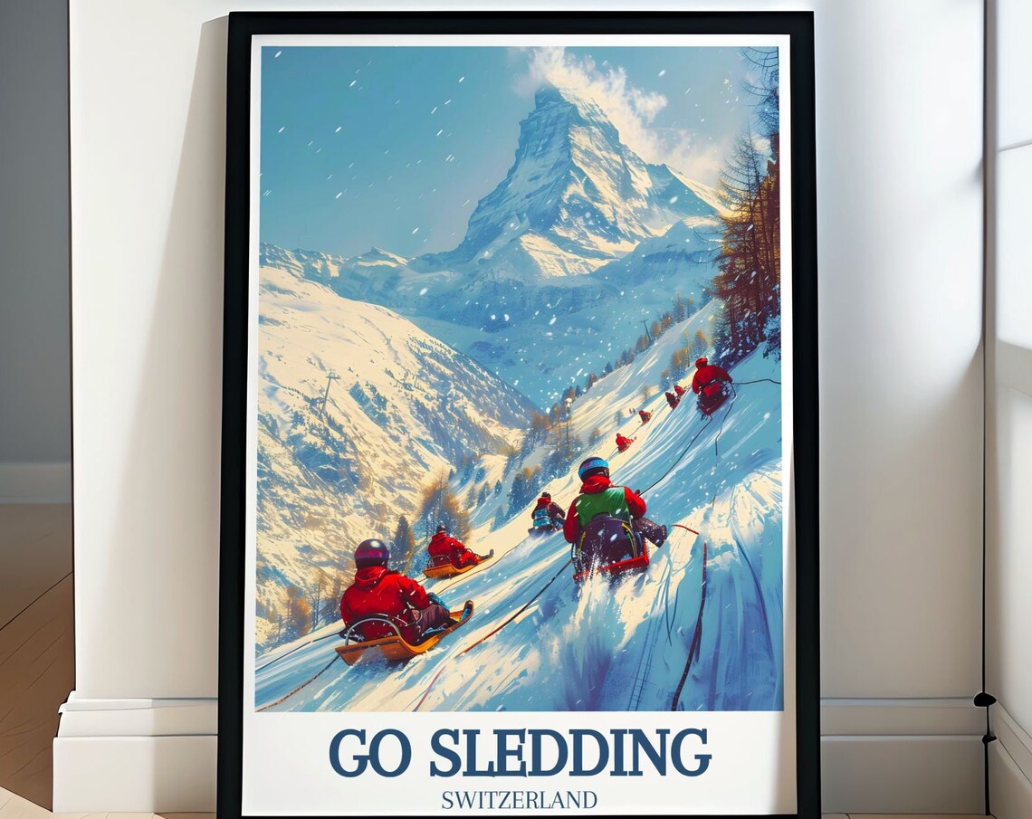 Go Sledding Switzerland Matterhorn Sledders Vintage Style Poster