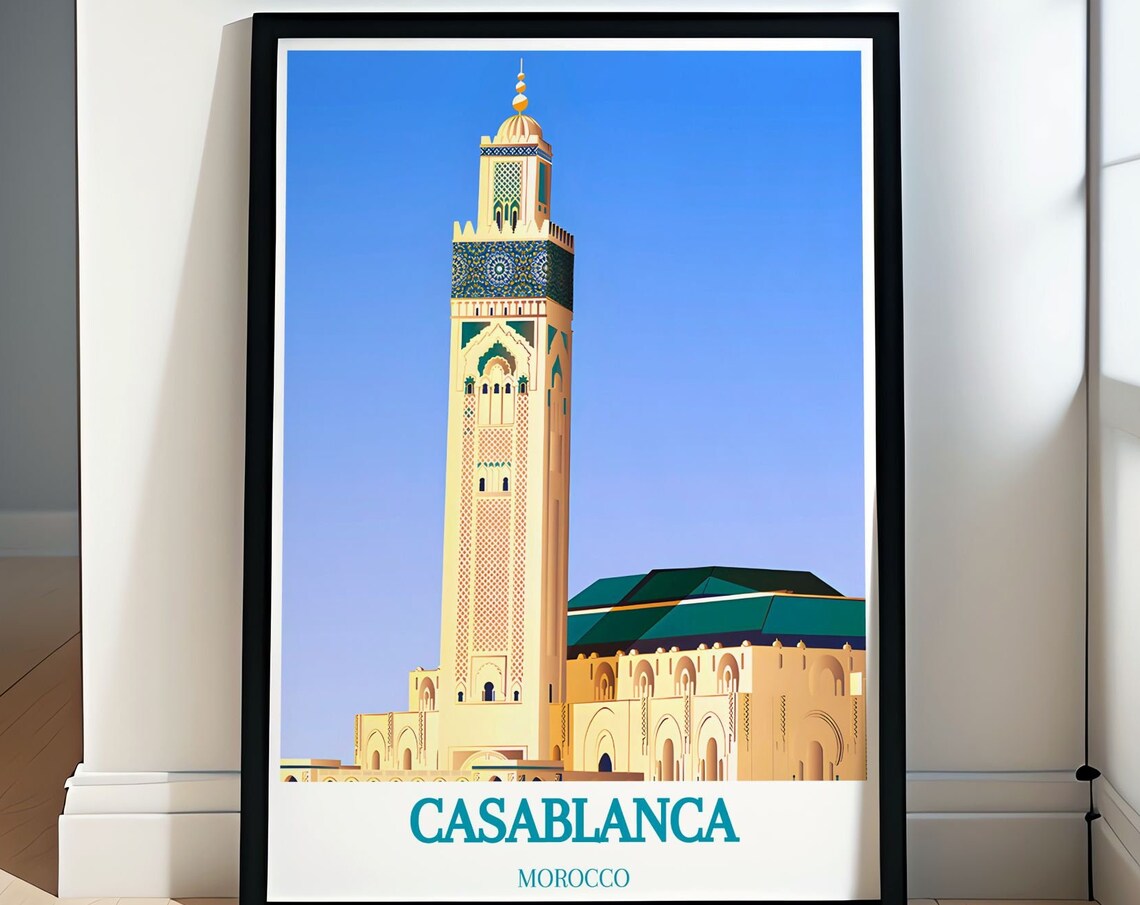 Casablanca Morocco Hassan II Mosque Minaret Daytime Travel Poster