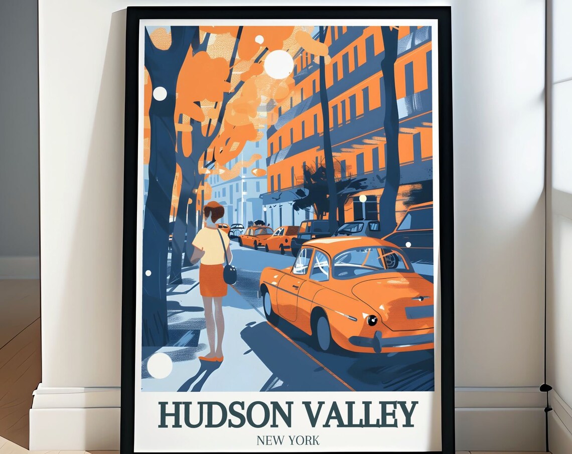 Hudson Valley New York Rhinebeck Autumn Street Vintage Car Poster
