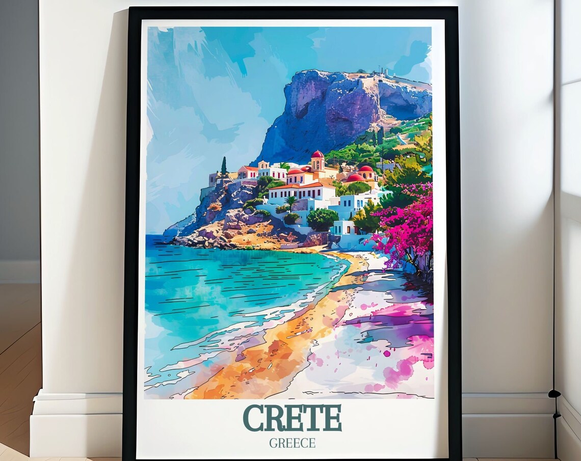 Crete Greece Watercolor Beach Village Red Domes Travel Poster