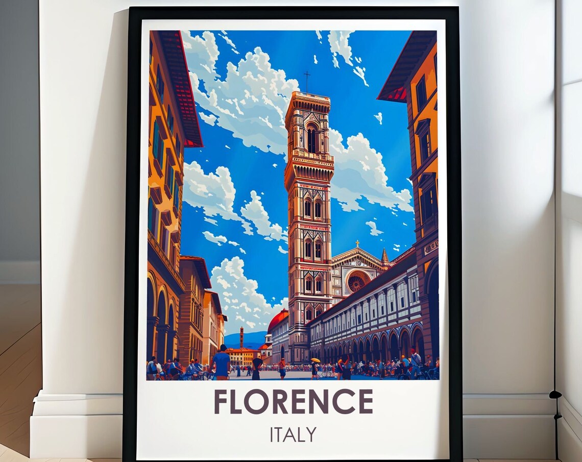 Florence Italy Travel Poster Giotto Bell Tower Street Scene Art