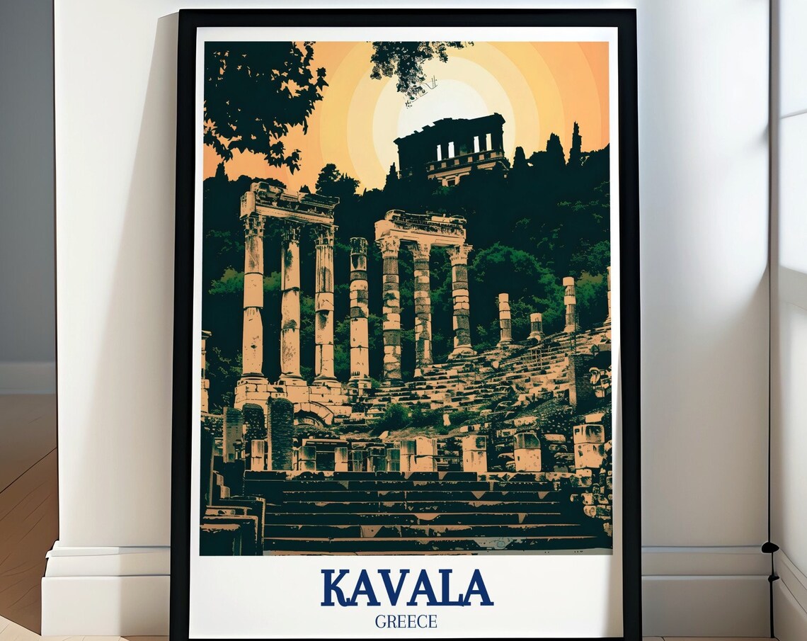 Kavala Greece Ancient Roman Ruins Golden Sunset Travel Poster