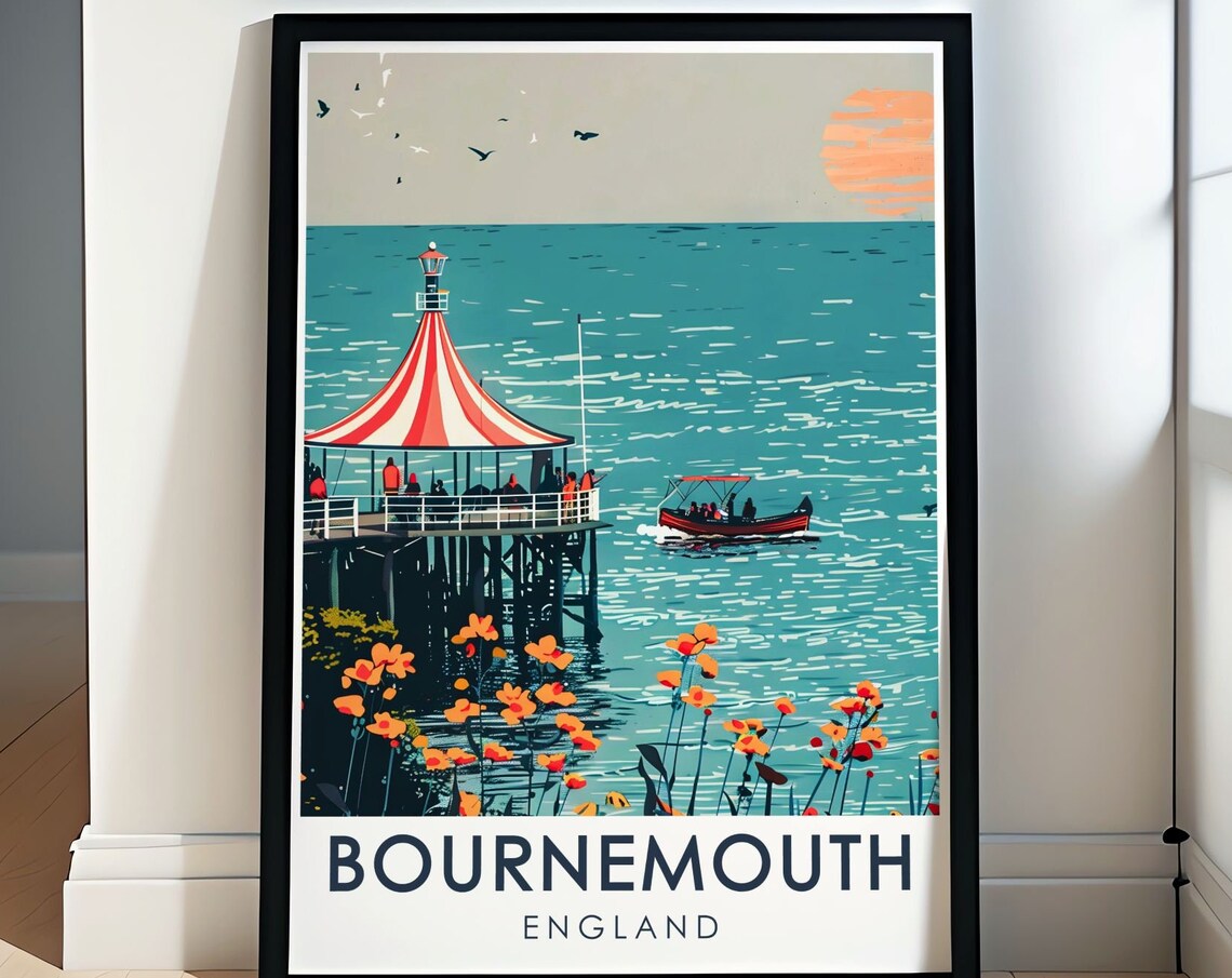 Bournemouth England Pier Striped Canopy Sunset Seaside Art Poster