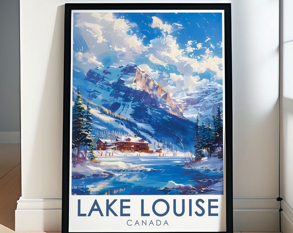 Lake Louise Travel Art Ski Resort Poster Beautiful Canadian Rockies Print Home Decor Lake Louise Scenic Poster