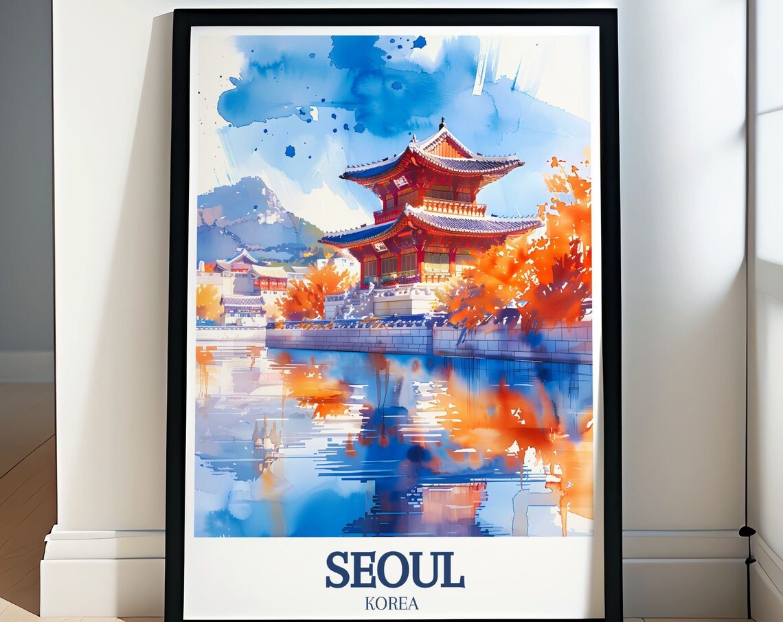 Seoul Palace Pavilion Autumn Foliage Watercolor Korea Travel Poster