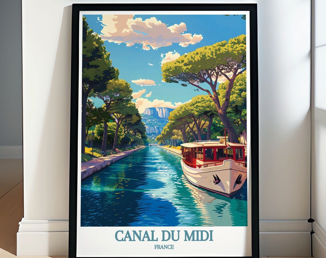 Canal du Midi France Boat Tree Lined Canal Retro Travel Poster