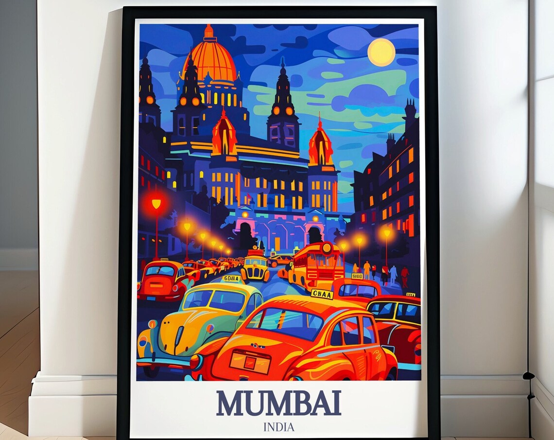 Mumbai Night Street Colorful Taxis Domed Landmark Neon Travel Poster