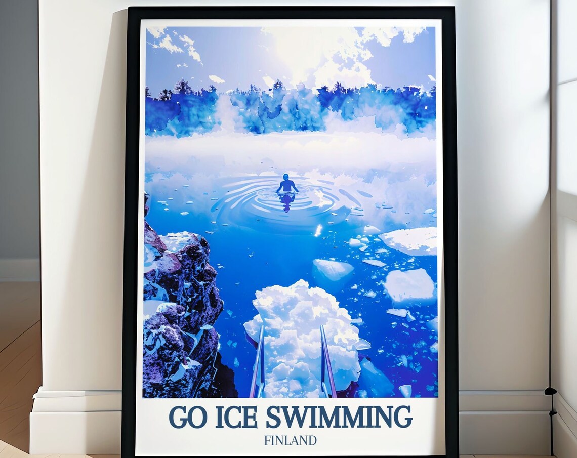 Go Ice Swimming Finland Lone Swimmer in Frozen Blue Lake Poster