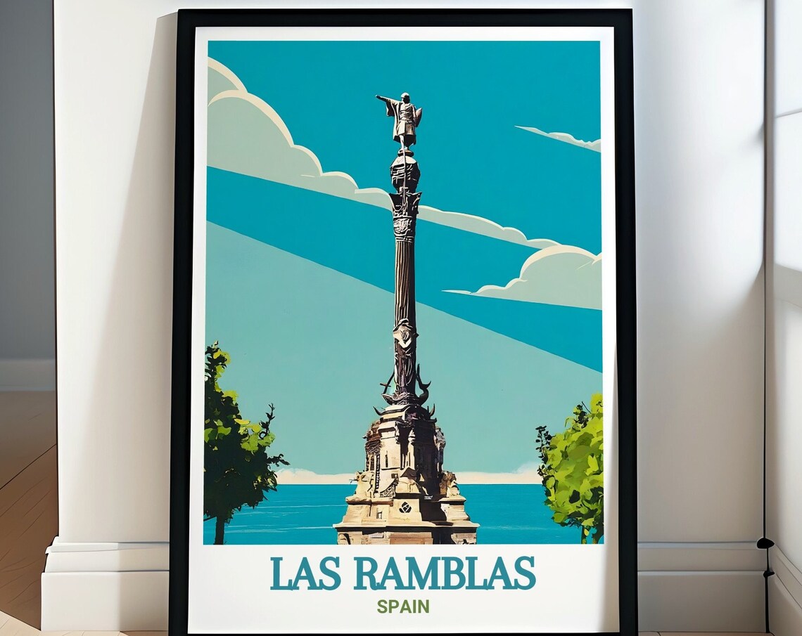 Las Ramblas Barcelona Columbus Monument Vintage Travel Poster
