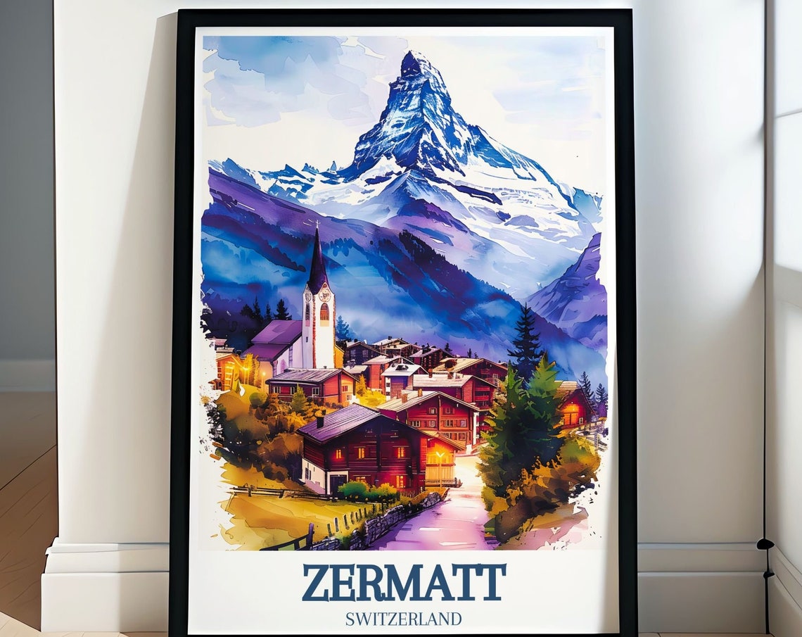 Zermatt Wall Art Zermatt Village Travel Poster Switzerland Travel Print Zermatt Village And St Mauritius Church Wall Decor