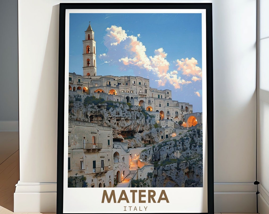 Matera Italy Sassi Cliffside Old Town Bell Tower Sunset Travel Poster