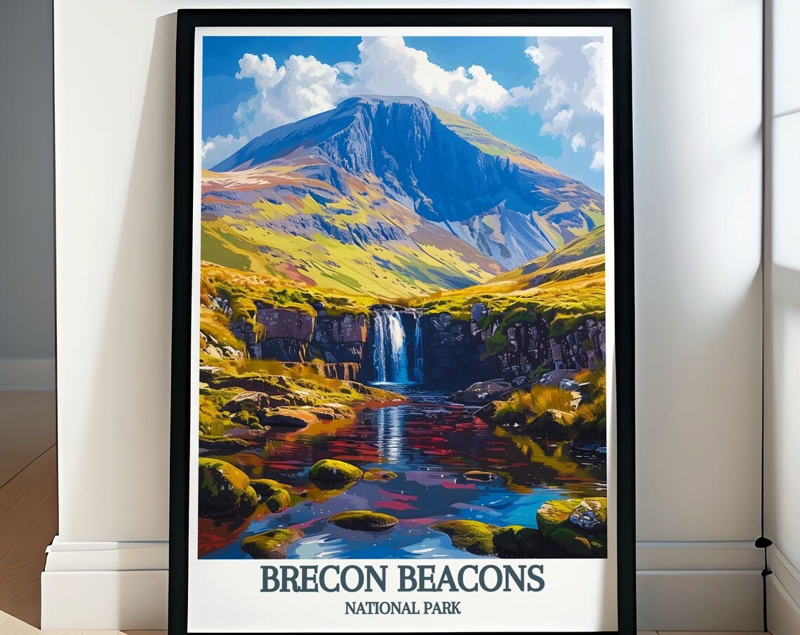 Brecon Beacons National Park Waterfall Reflection Wales Travel Poster