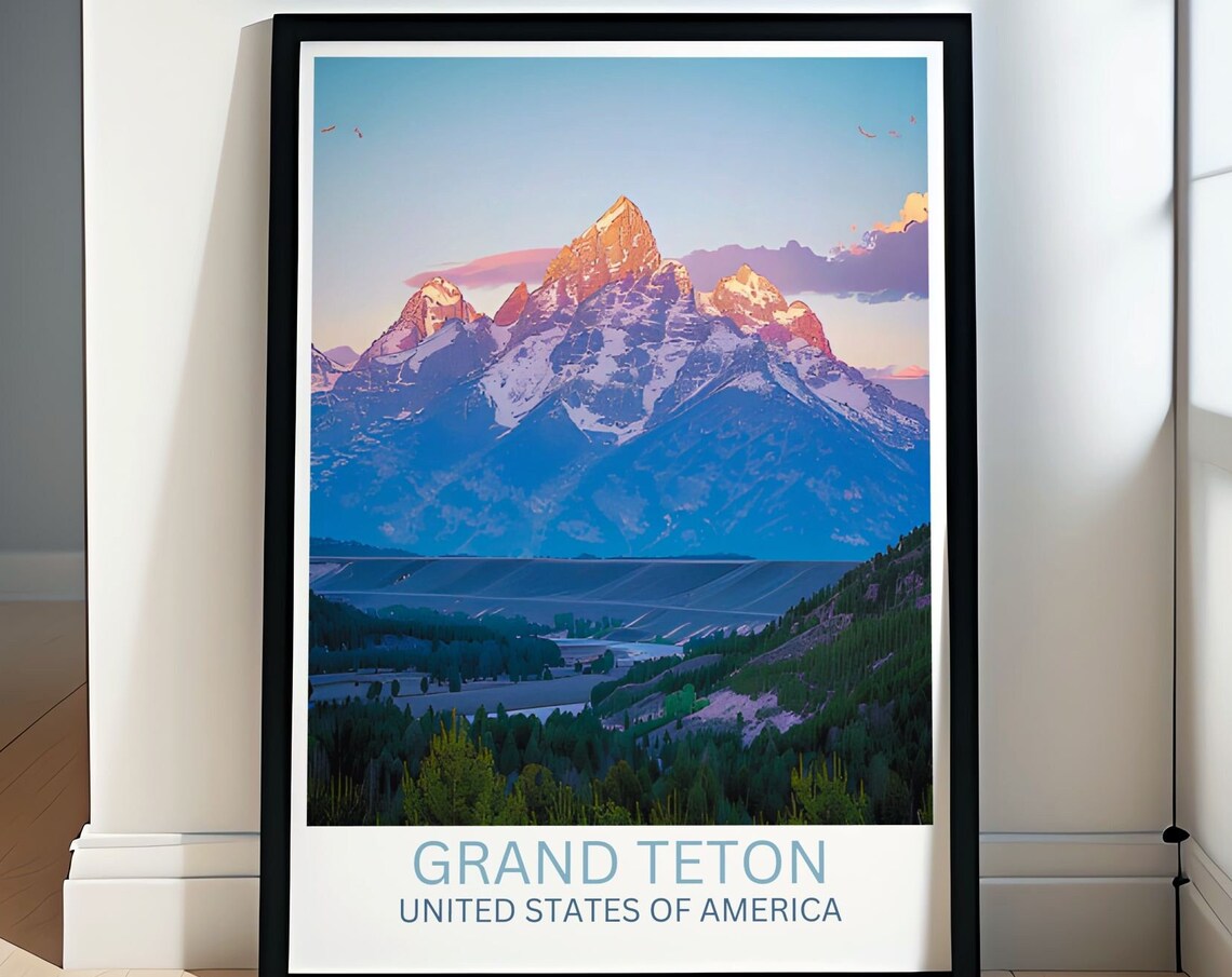 Grand Teton Sunset Alpenglow Peaks Valley Evening Travel Poster