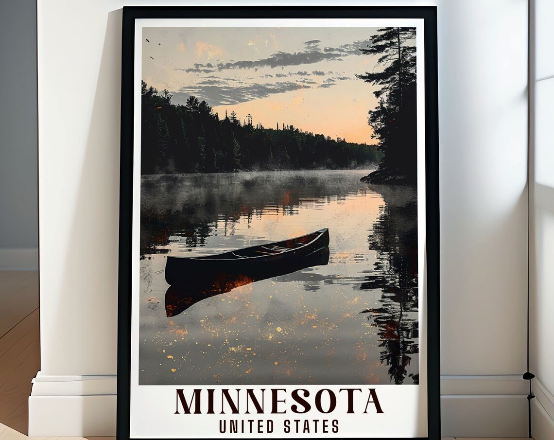 Minnesota Boundary Waters Canoe On Misty Lake At Sunset Poster