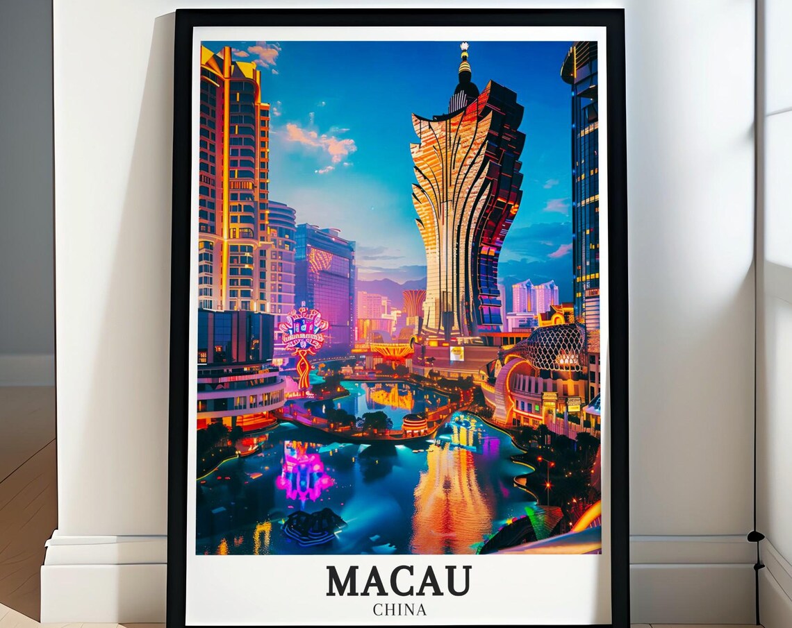 Macau China Cotai Strip Neon Night Skyline with Casino Towers Poster