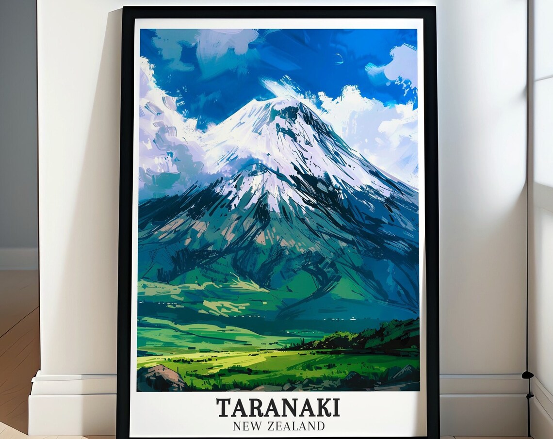 Snowcapped Mount Taranaki Painterly Peak New Zealand Travel Poster