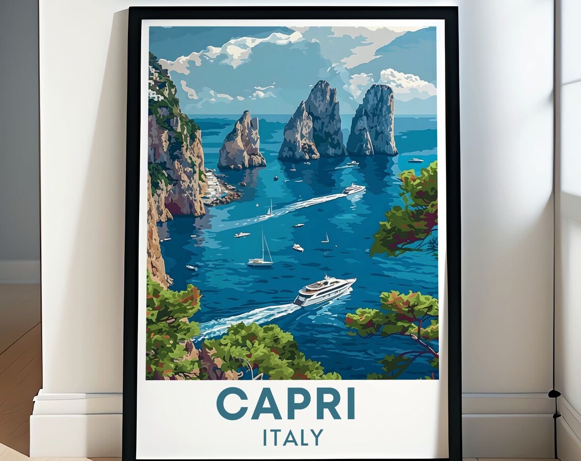 Capri Italy Faraglioni Rocks Blue Sea Yacht Riviera Travel Poster