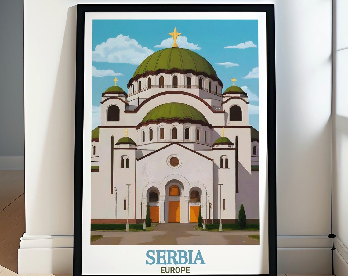 Belgrade Saint Sava Temple Green Domes Serbia Travel Art Poster