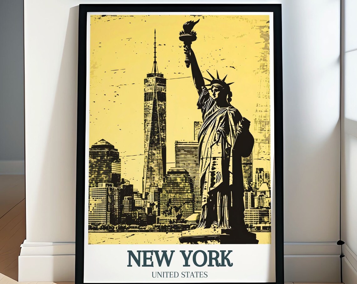 New York Statue of Liberty Manhattan Skyline Gold Vintage Poster