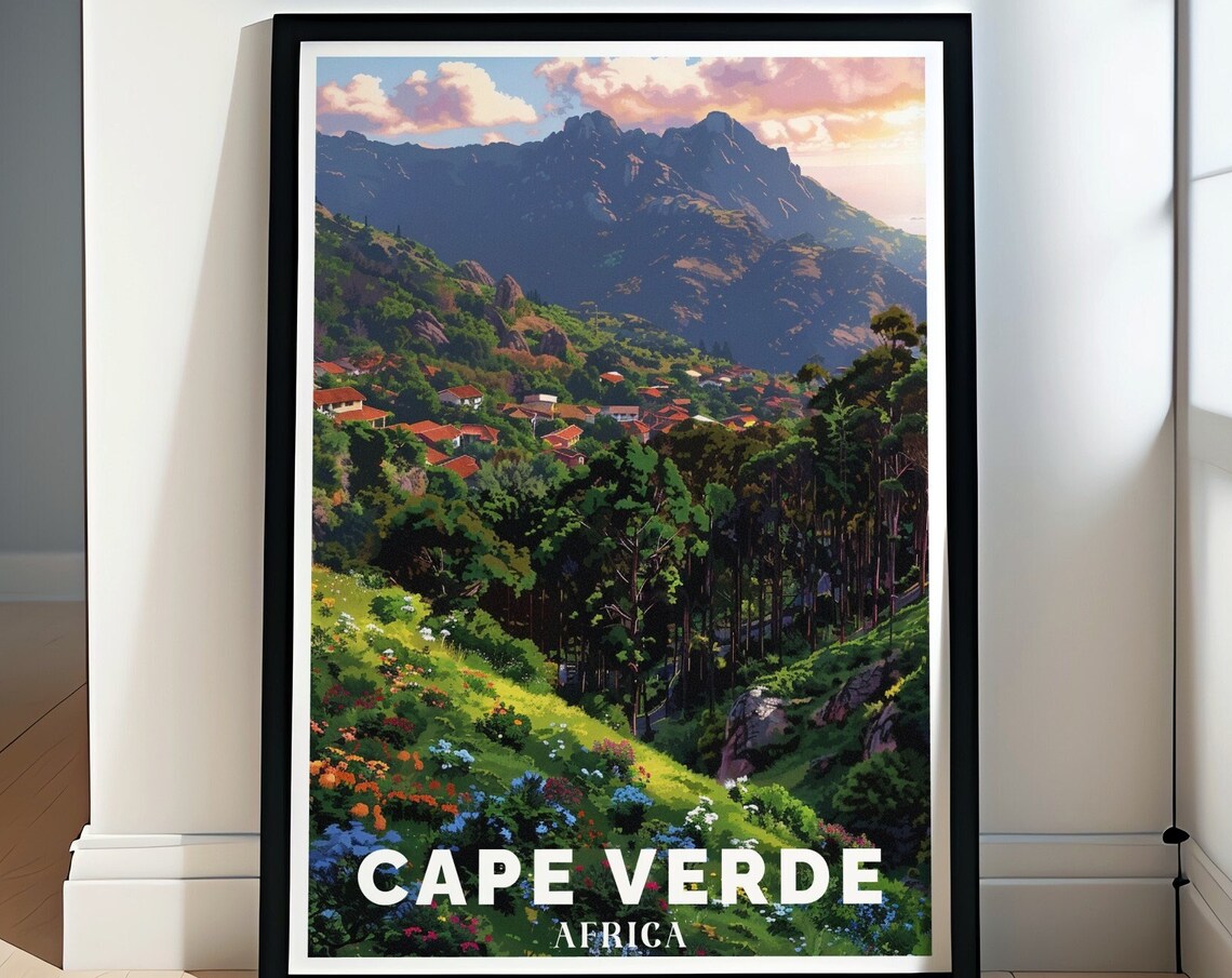 Cape Verde Mountain Village Terraced Hills Sunset Travel Poster