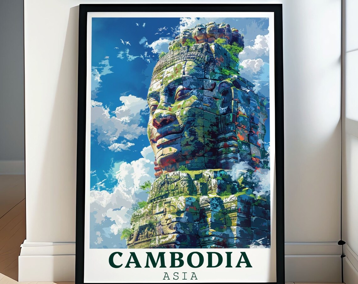 Cambodia Bayon Temple Ancient Stone Faces Jungle Travel Poster
