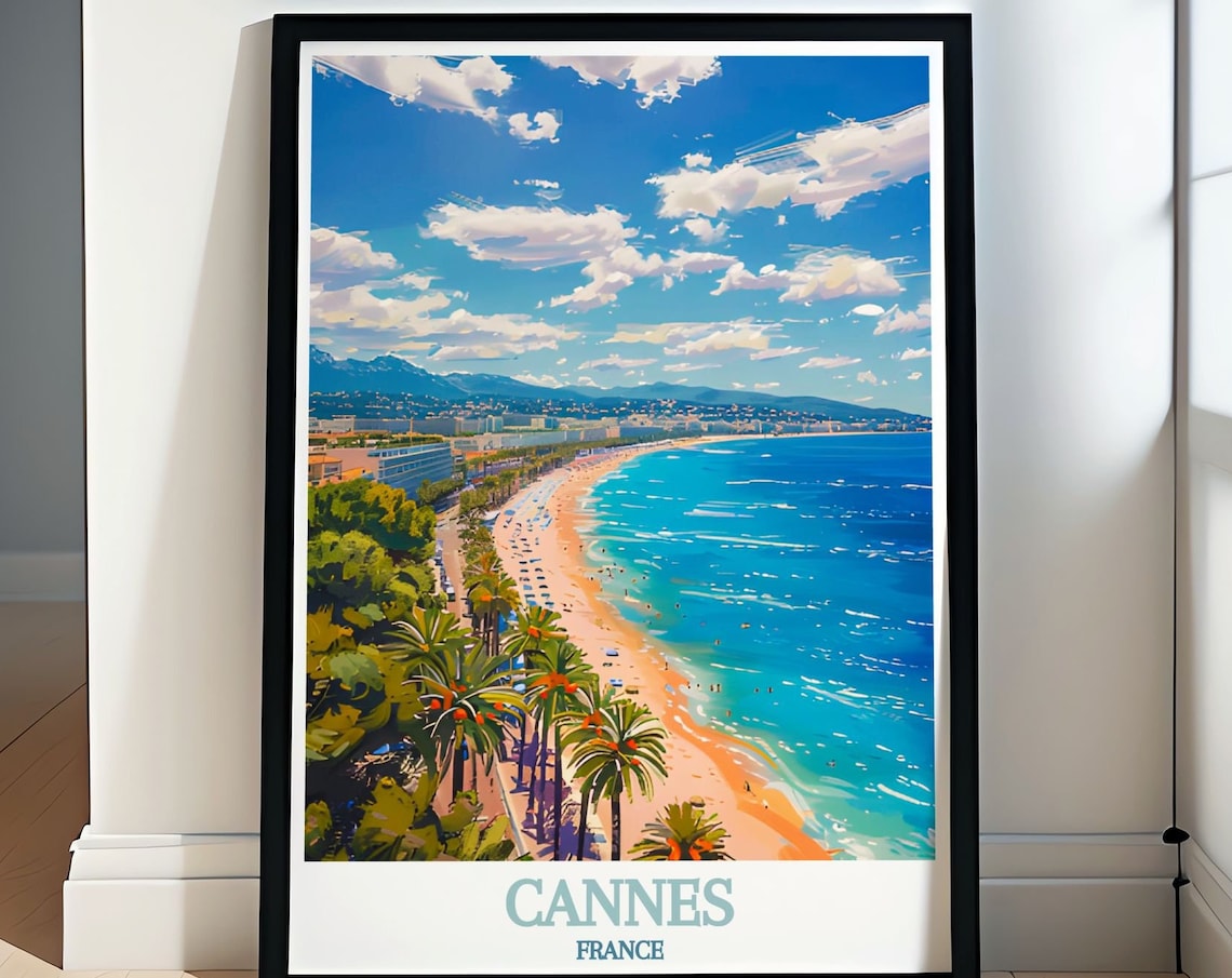 Cannes France Aerial View of La Croisette Riviera Beach Travel Poster