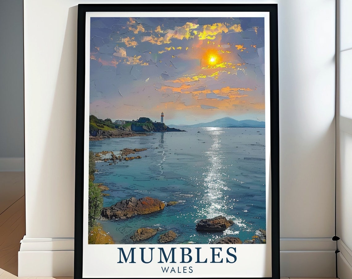 Mumbles Wales Lighthouse Rocky Coast Sunrise View Travel Poster