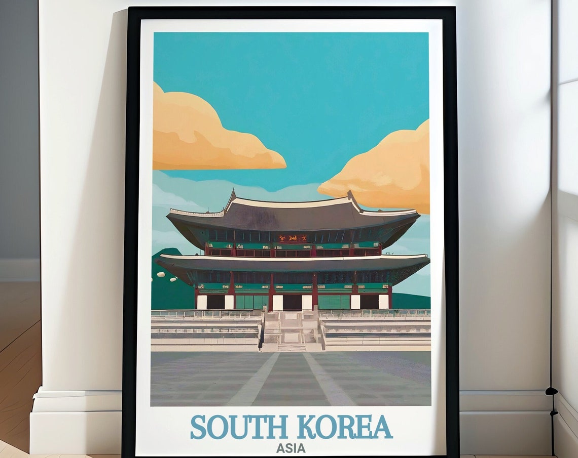 South Korea Travel Poster Gyeongbokgung Palace And Asia Decor Gyeongbokgung Palace Wall Art Gyeongbokgung Palace Travel Posters
